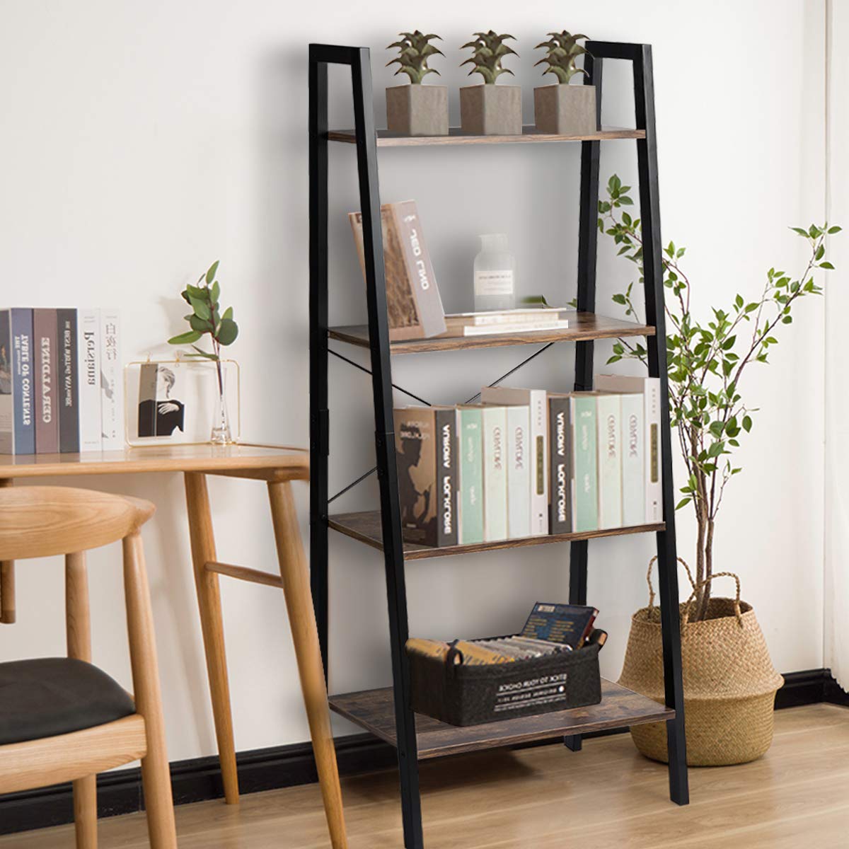 TANGKULA Industrial Ladder Shelf with Metal Frame